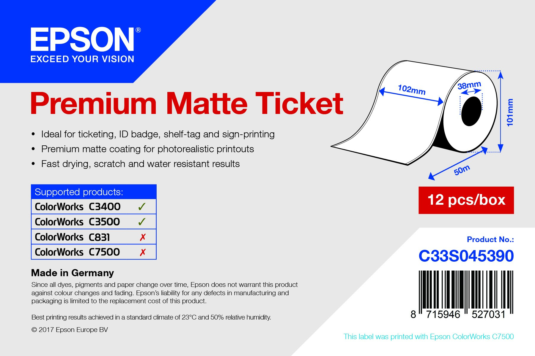 Epson prémium matt inkjet címke 102mm x 50m (C33S045390)