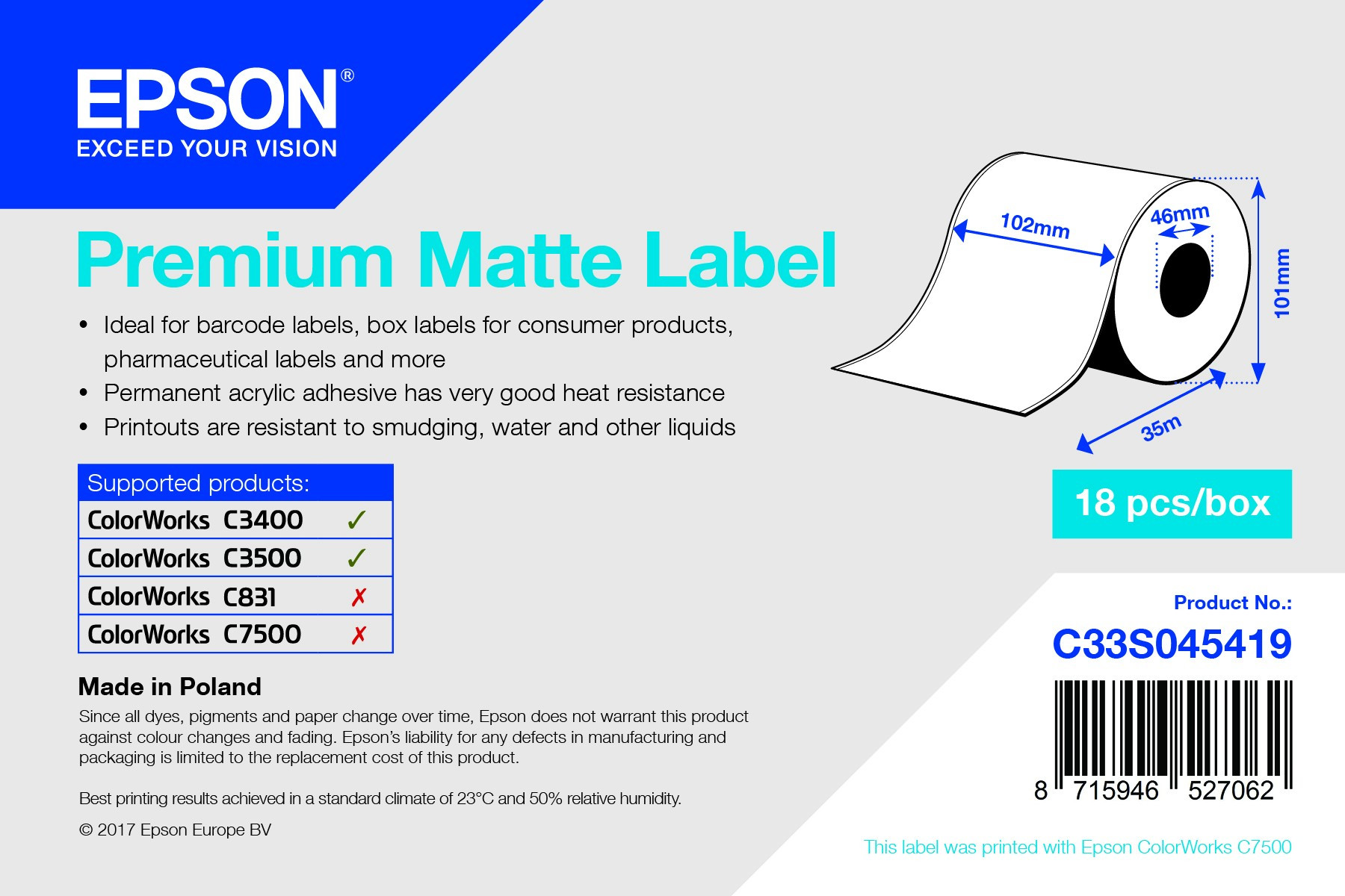 Epson prémium matt inkjet címke 102mm x 35m (C33S045419)