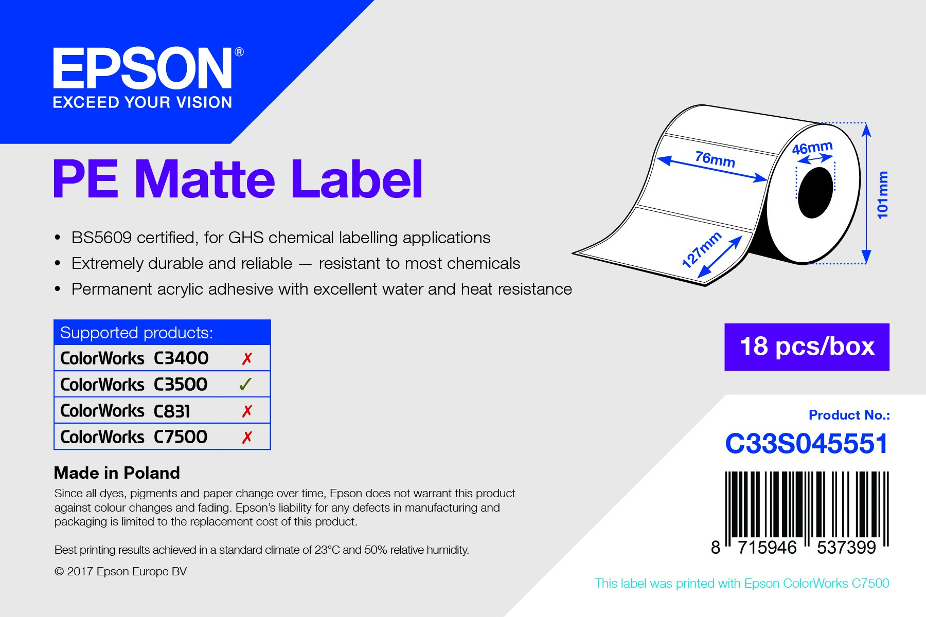 Epson fehér matt inkjet 76mm x 127mm 220 címke/tekercs (C33S045551)