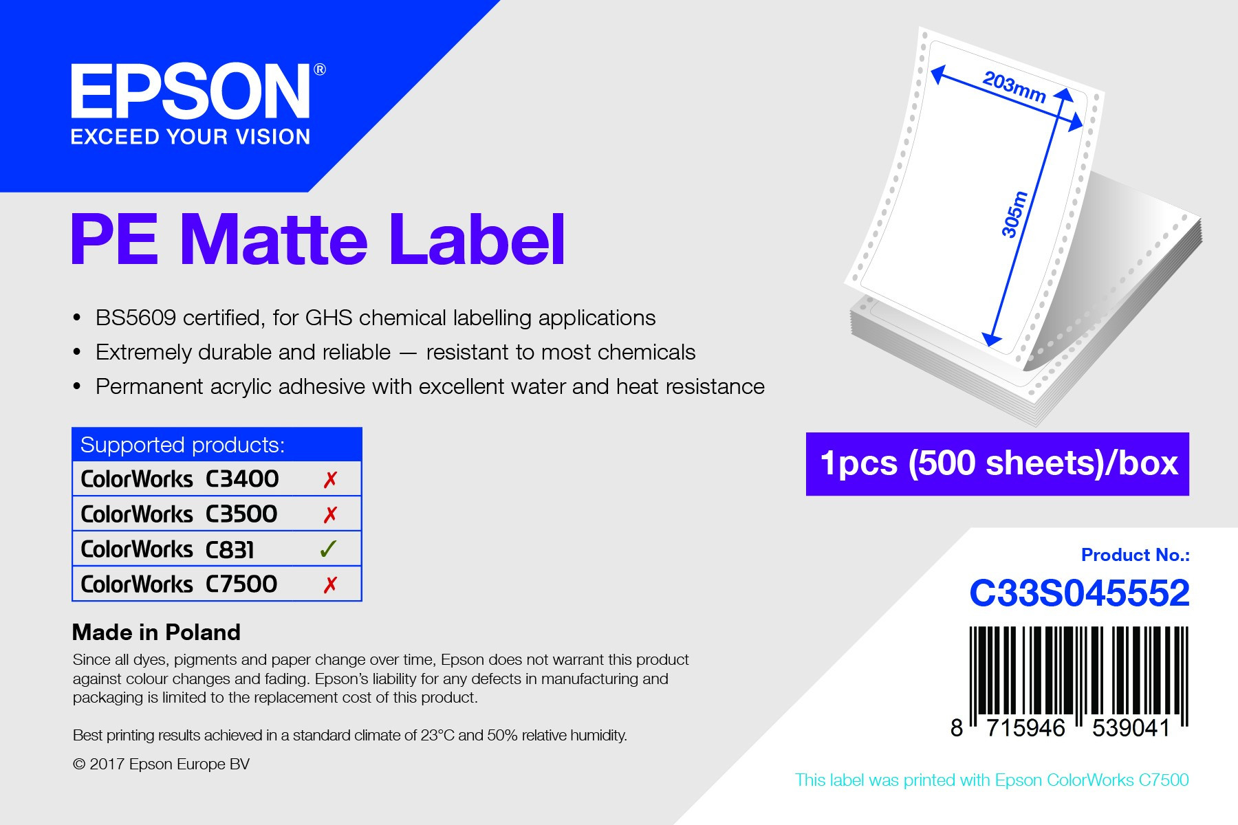 Epson fehér matt inkjet 203mm x 305mm 500 címke/tekercs (C33S045552)
